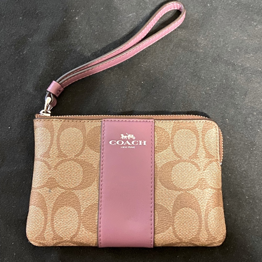 Purple and Tan Coach Signature Wristlet
